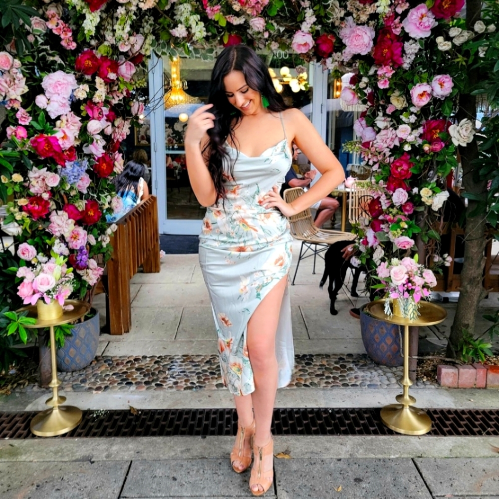 Crisscross Backles Satin Floral Print Midi With Side Slit - L